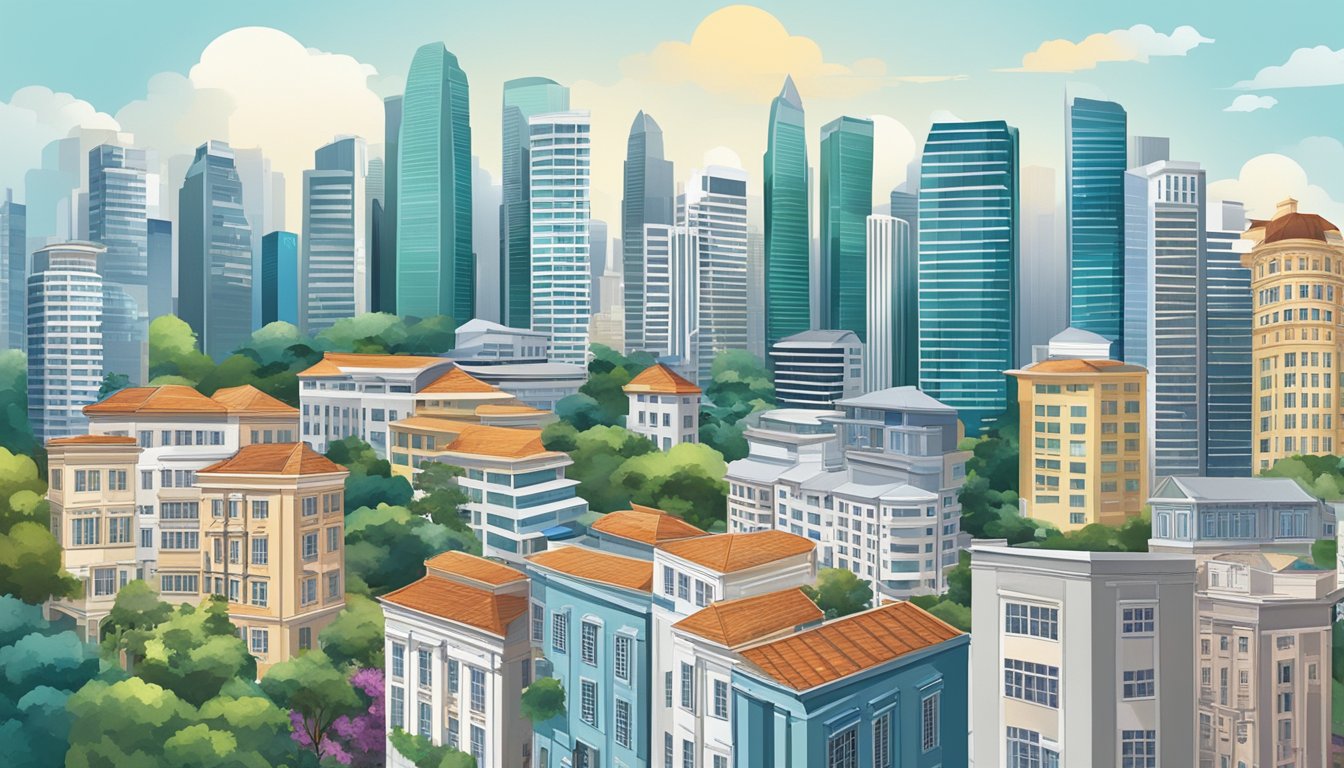 A bustling cityscape with a mix of modern skyscrapers and historic buildings, showcasing the diverse and dynamic real estate market in Singapore