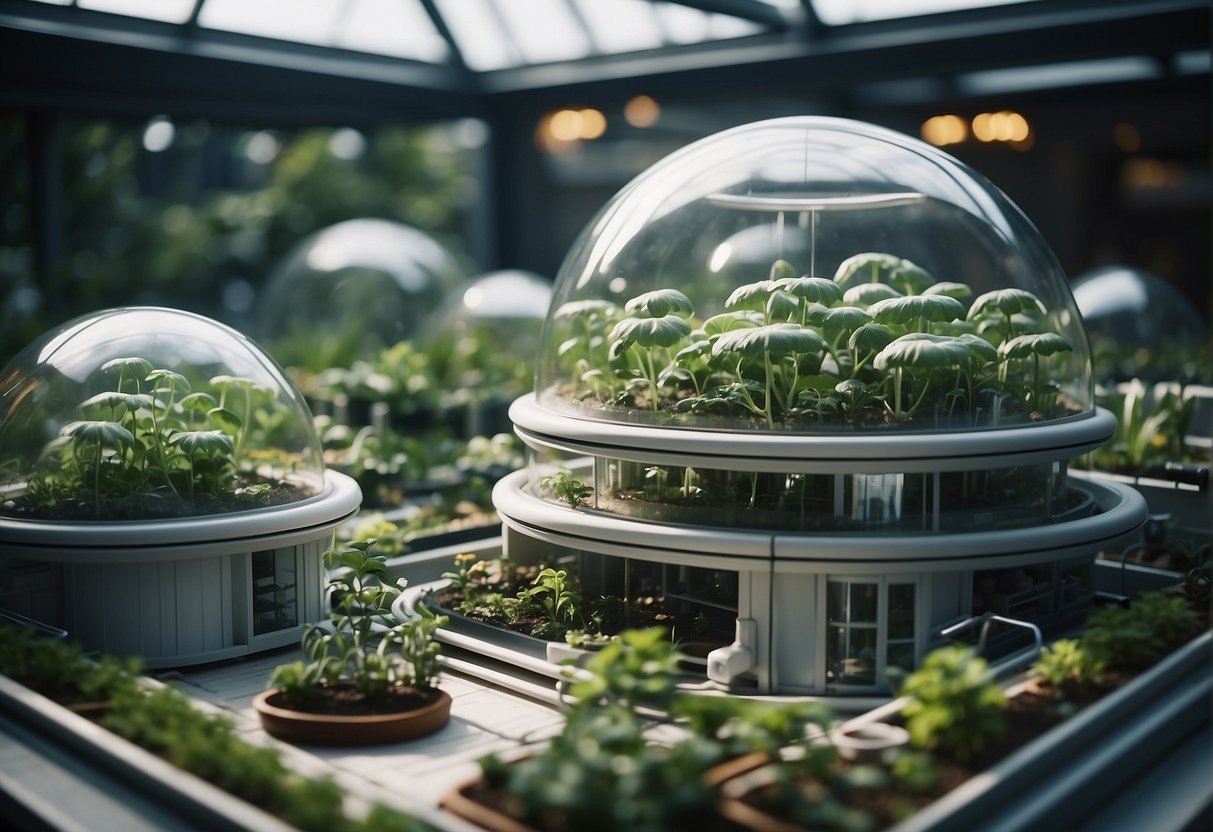 A futuristic space colony with domed structures, hydroponic gardens, and families living and working in a self-sustaining environment