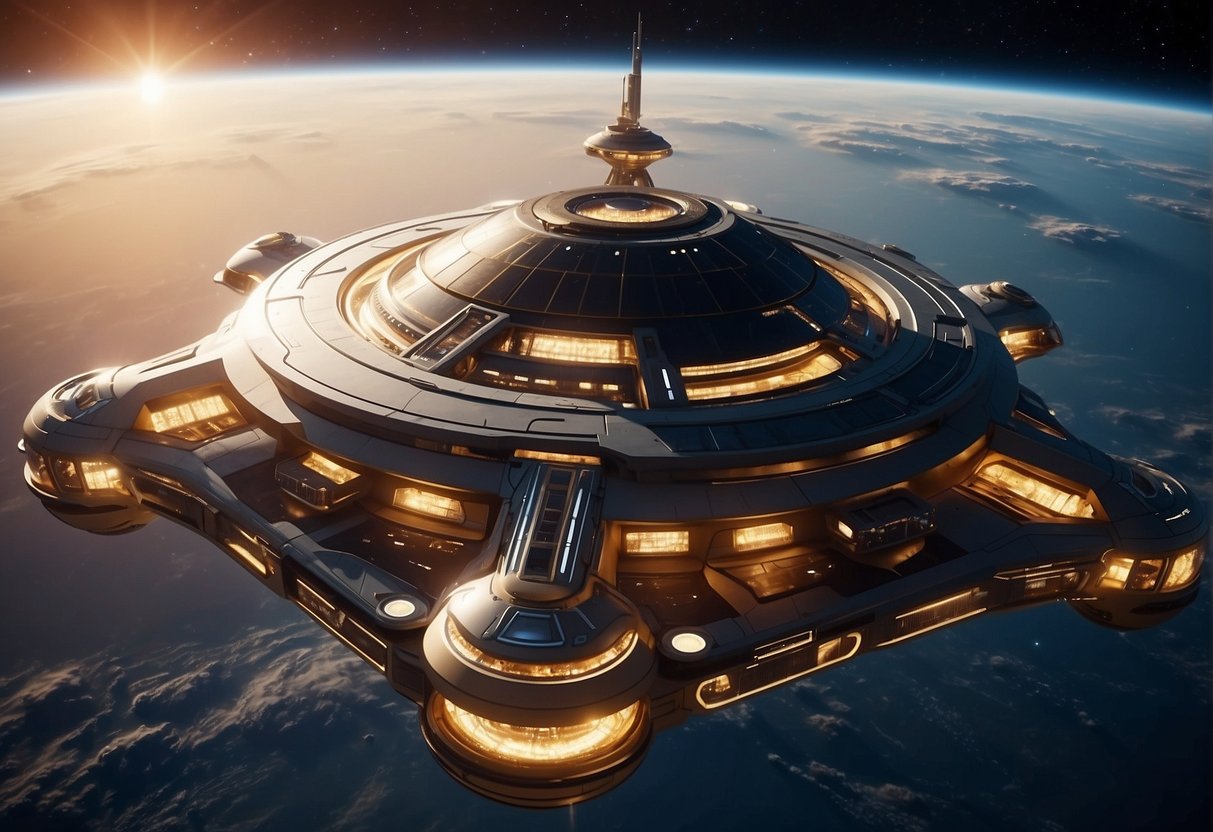 A futuristic space station with sleek, metallic architecture and advanced technology, surrounded by a vast expanse of stars and planets
