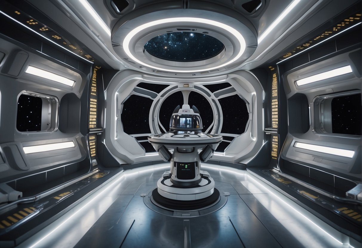 A spinning space station generates artificial gravity for biomedical research