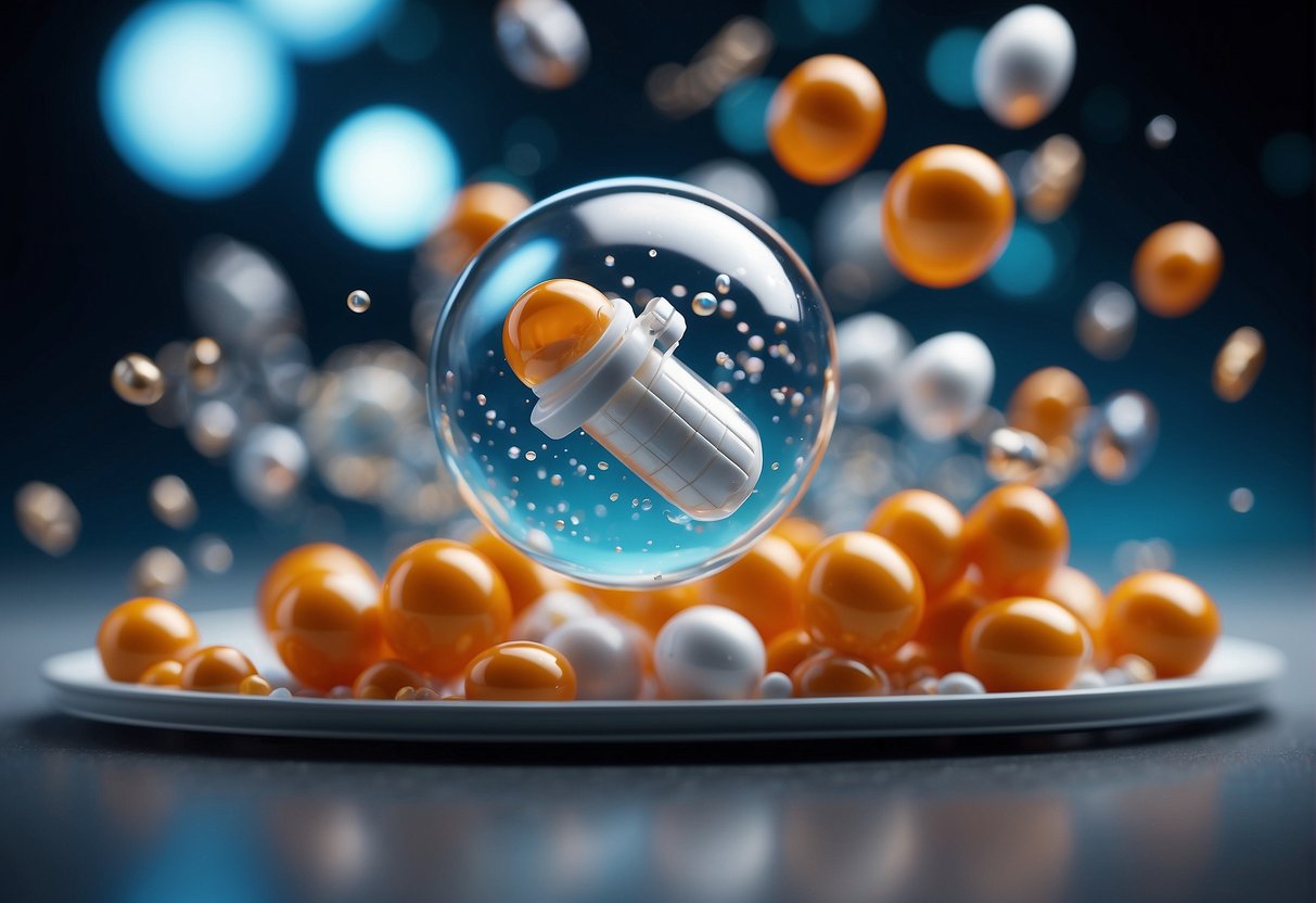 In a zero-gravity environment, medications behave differently. Illustrate floating pills and liquid droplets in a space capsule