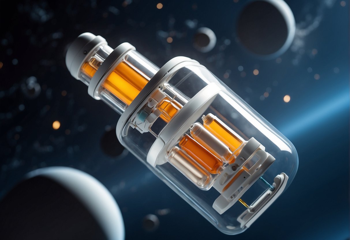 A space capsule with floating medication vials, showing their reaction in zero gravity