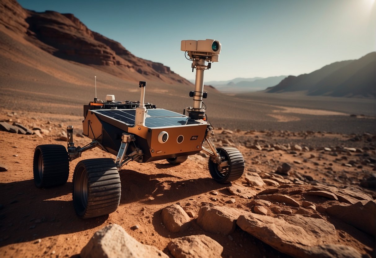 A Mars rover navigates rocky terrain, collecting soil samples. Solar panels power a habitat in the distance. A drone hovers, monitoring the landscape