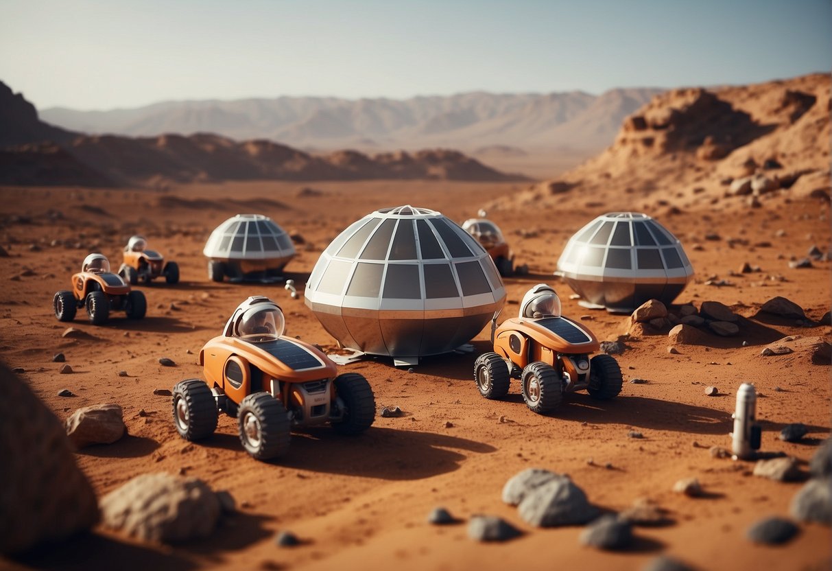 A Martian landscape with futuristic buildings, solar panels, and rovers. A group of colonists in space suits working on research and maintenance tasks