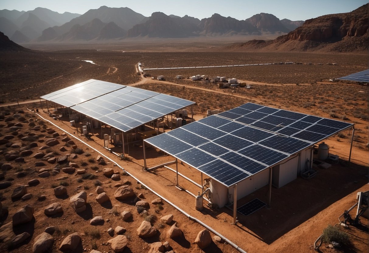 A Mars colony's solar panels soak up sunlight, while drones transport resources across the rocky terrain. Greenhouses sustain crops, and water recycling systems hum with activity