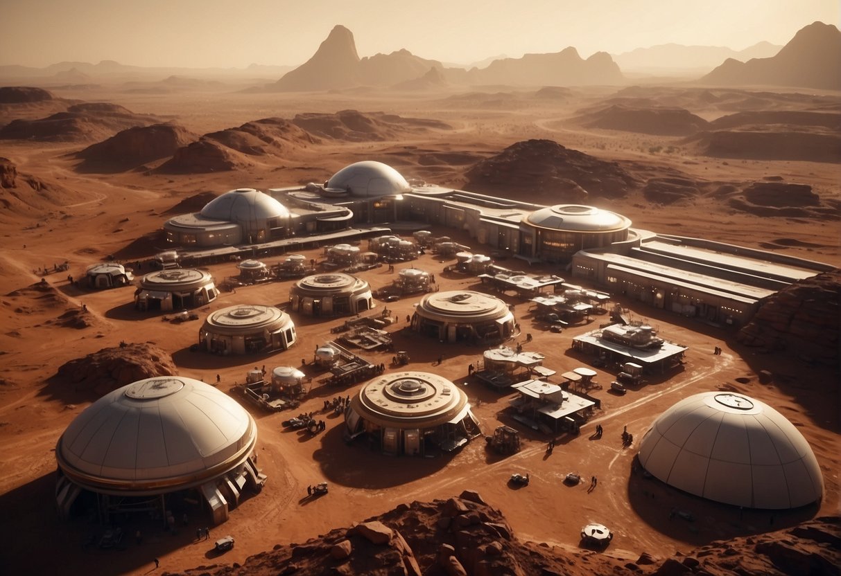 The bustling Mars colony operates smoothly, with citizens engaging in various tasks. The governance center overlooks the daily activities, ensuring order and stability
