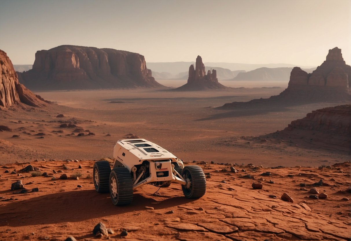 The red Martian landscape stretches out before us, with towering rock formations and a dusty horizon. A robotic rover diligently explores the terrain, collecting samples and transmitting data back to Earth