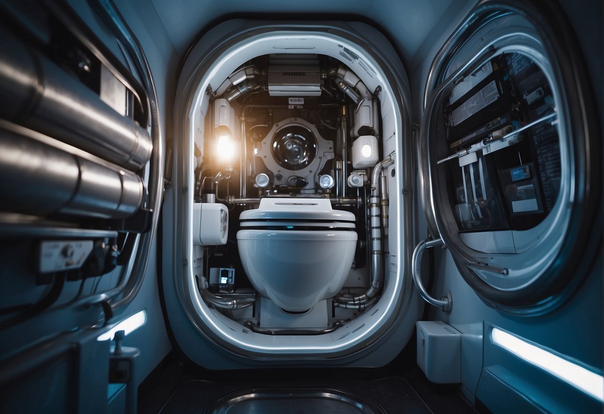 The Engineering Behind Space Toilets - A space toilet is shown in a spacecraft, connected to life support systems. Tubes and mechanisms demonstrate the engineering behind waste management in space