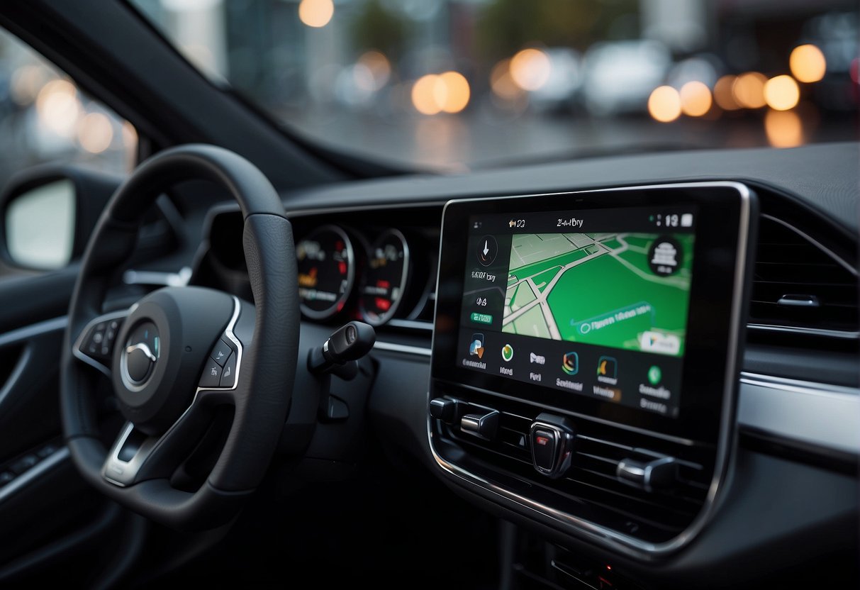 A car dashboard with a smartphone connected to CarPlay and Android Auto interfaces. No human subjects or body parts visible