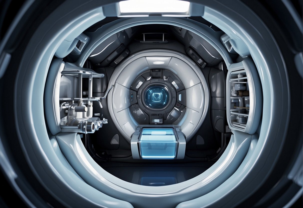 A diagram showing the inner workings of a space toilet, including the various pipes, valves, and compartments necessary for its operation