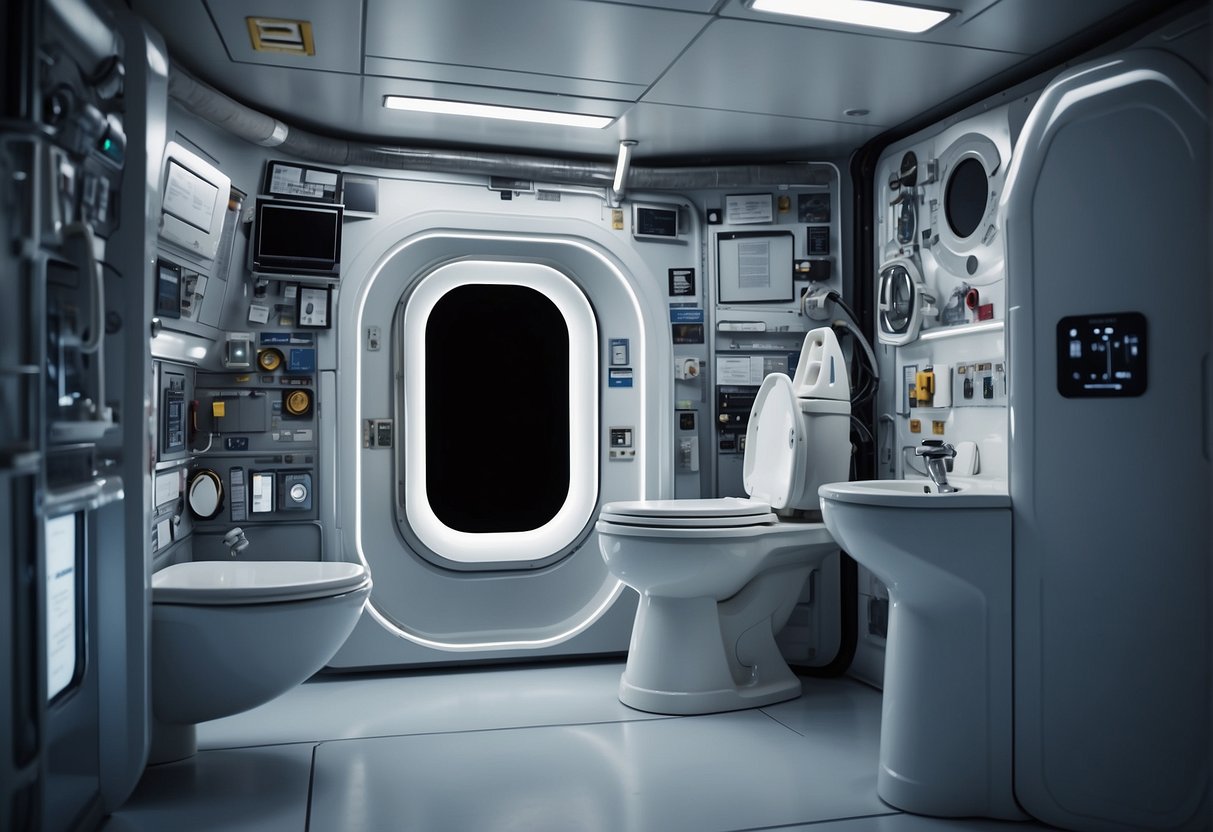 A space toilet with various components and labels, surrounded by technical drawings and diagrams, showcasing the engineering behind life support systems in space