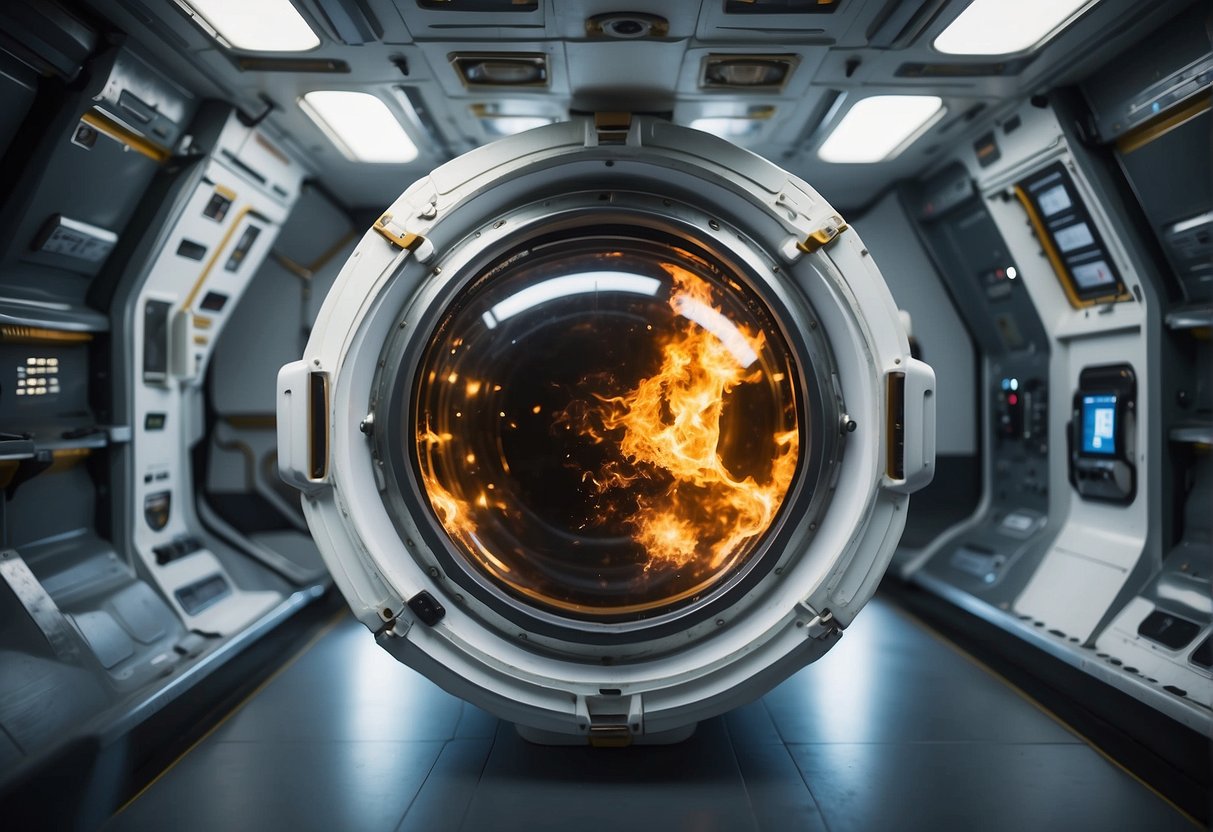In a space station, oxygen-rich environment, fire hazards are present. Prevention measures include fire-resistant materials and strict safety protocols
