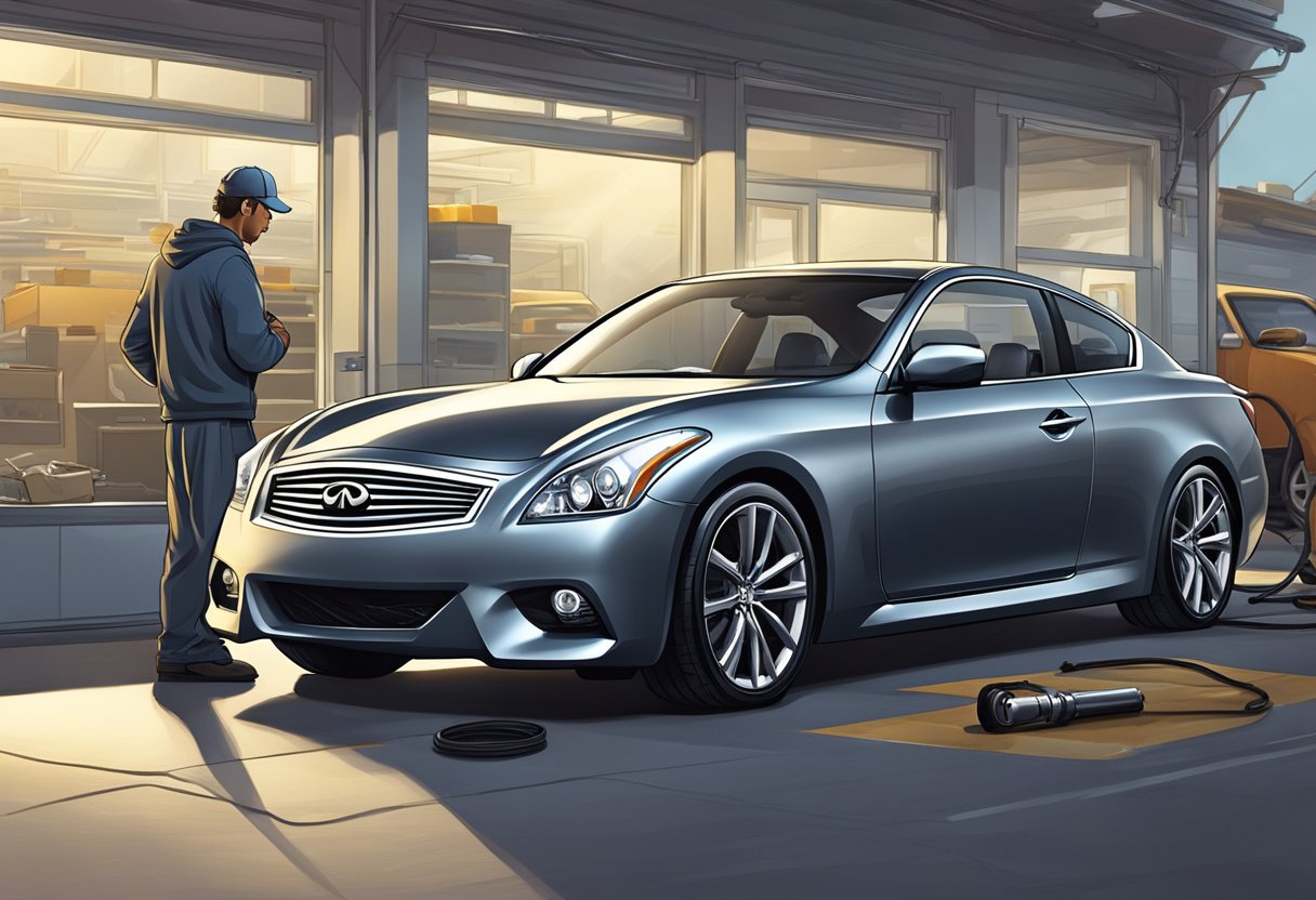 A sleek Infiniti G37 parked in front of a mechanic's shop, with a hood popped open and a technician inspecting the engine bay
