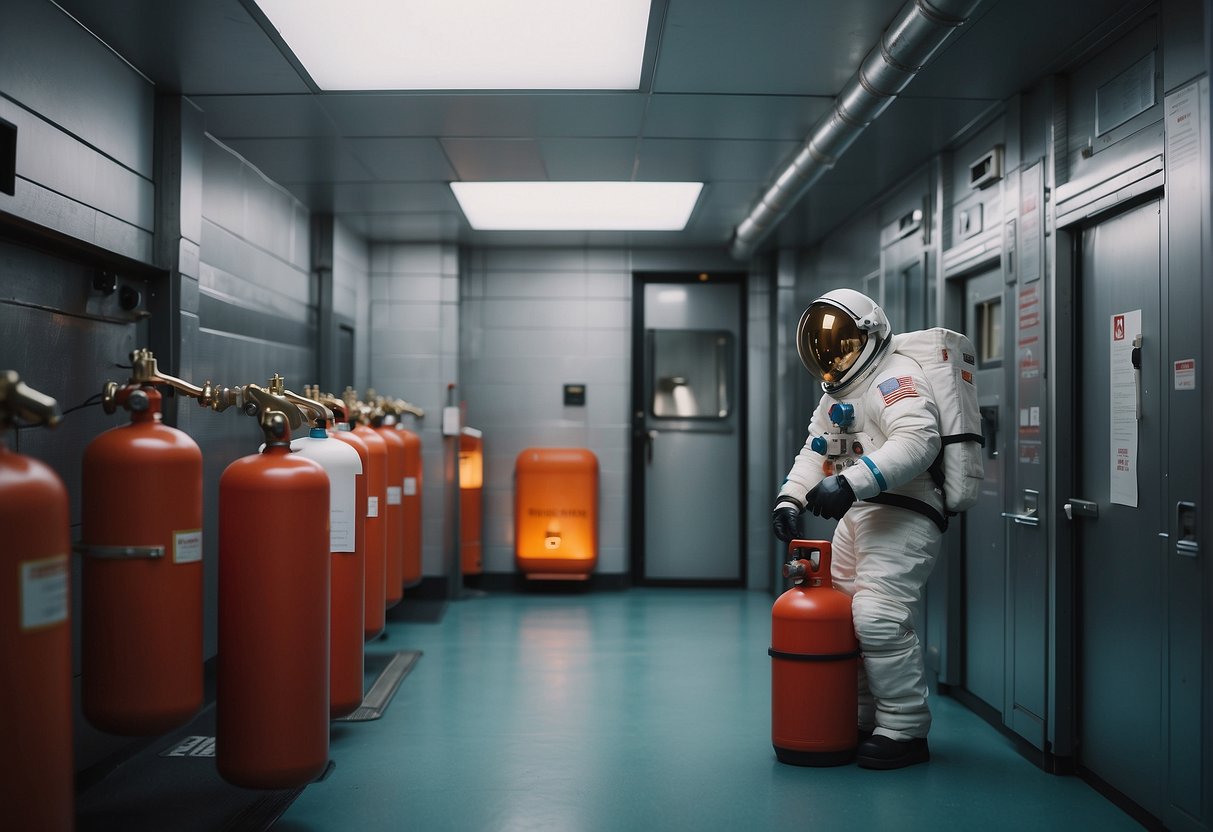 An astronaut inspects a fire extinguisher in a bright, sterile space station. Oxygen tanks line the walls, while safety signs warn of fire hazards