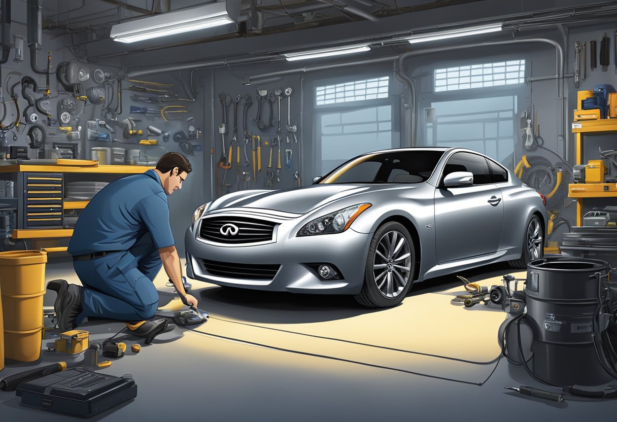 The Infiniti G37 sits in a garage, surrounded by tools and diagnostic equipment.

A mechanic examines the engine, while a laptop displays reliability data