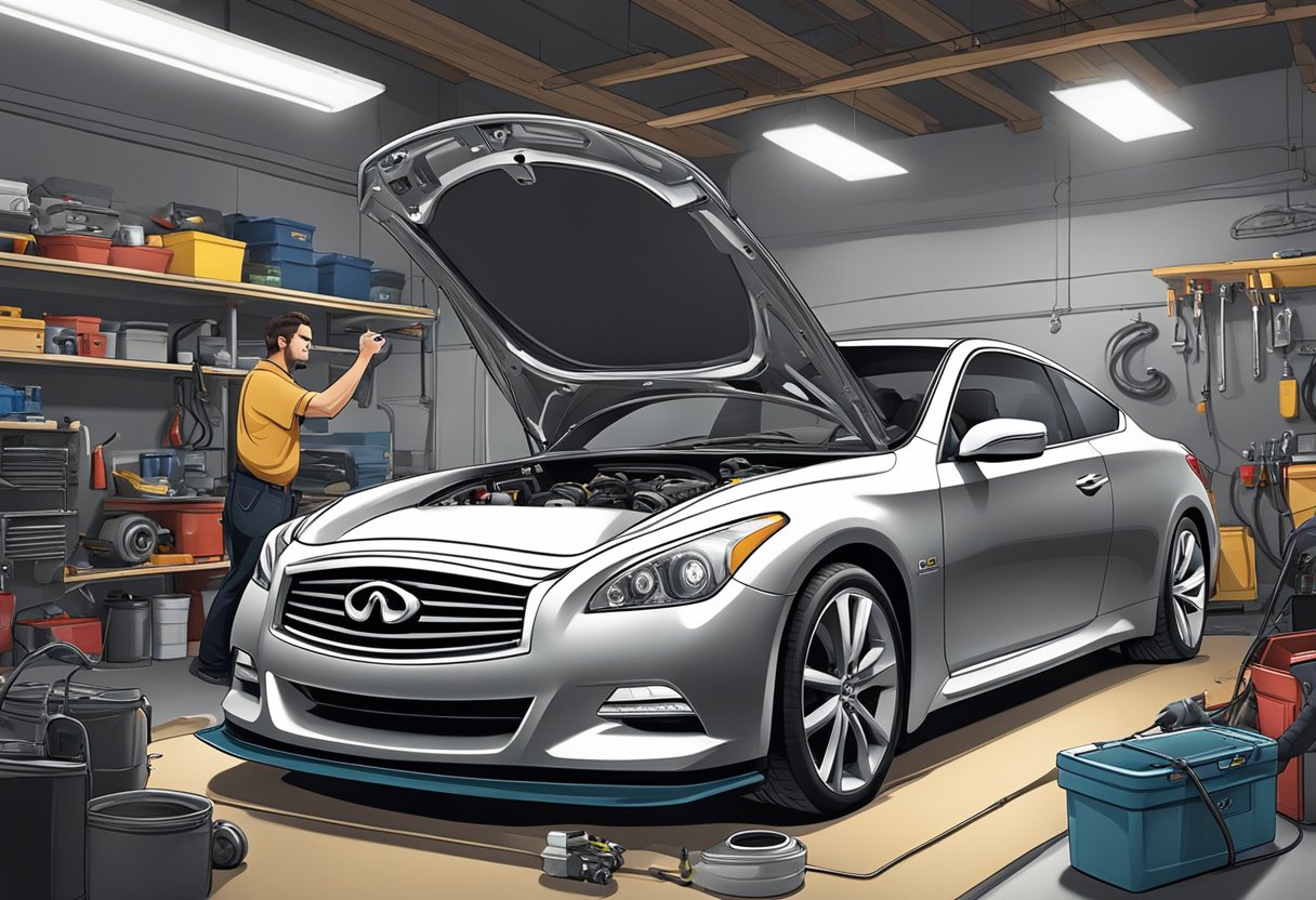 The Infiniti G37 sits in a garage, with its hood open and a mechanic inspecting the engine.

Tools and parts are scattered around, showing the process of diagnosing and fixing common issues