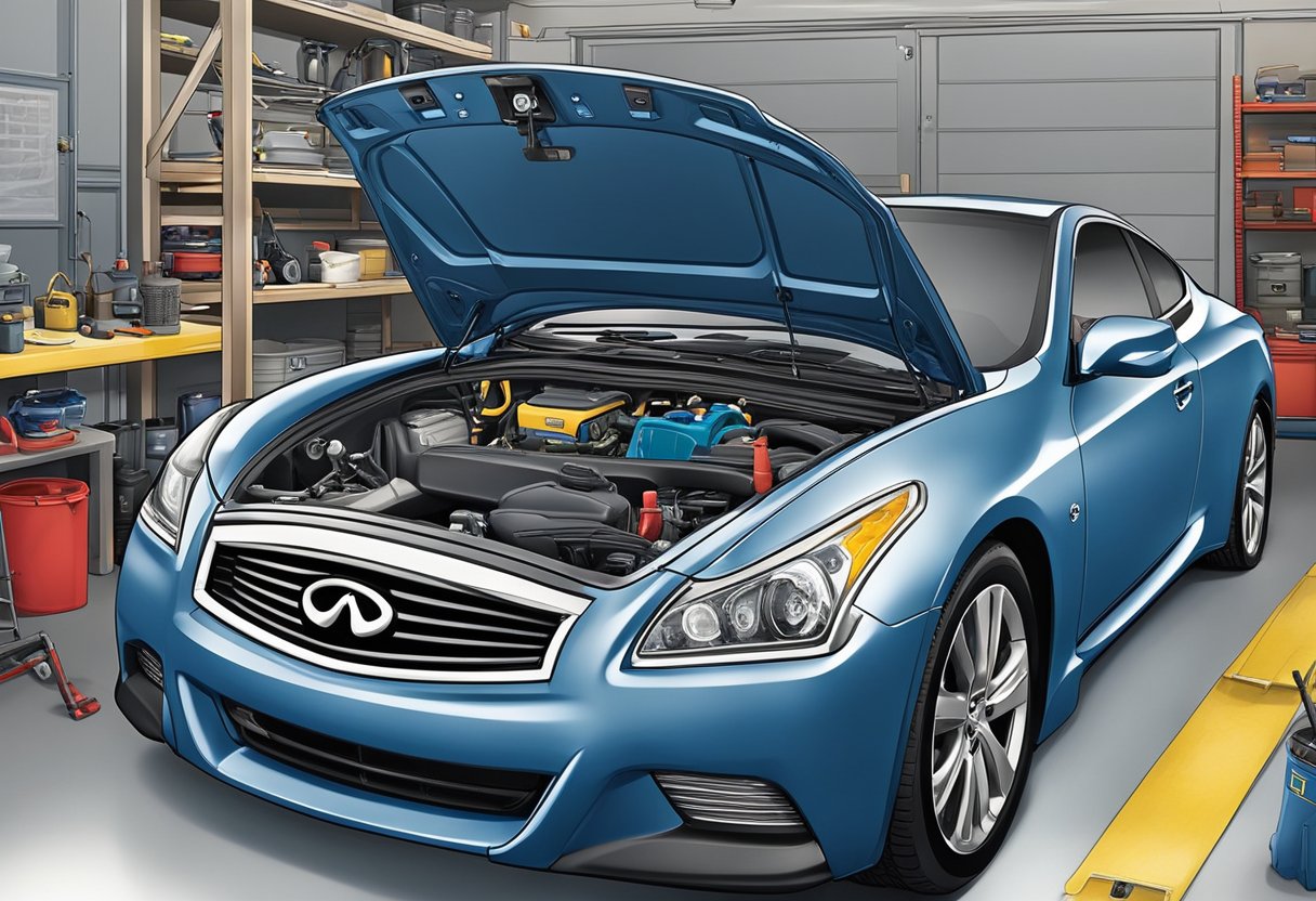 The Infiniti G37 is parked in a well-lit garage, with tools and maintenance supplies neatly organized nearby.

The hood is propped open, revealing the engine as a mechanic inspects it closely