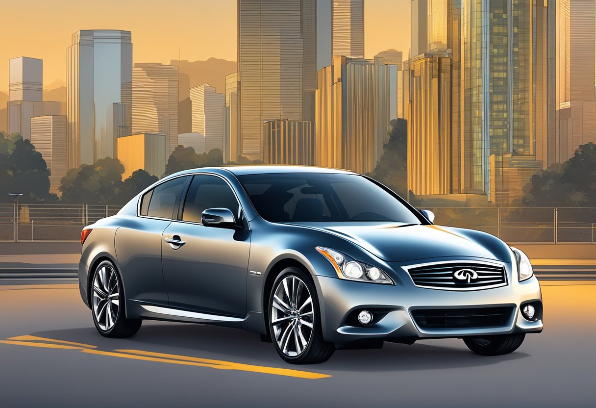 The Infiniti G37 sits parked in front of a backdrop of glowing customer reviews and satisfaction ratings, showcasing its reliability and minimal known issues