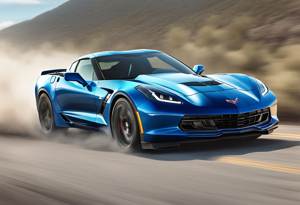 A Chevrolet Corvette revs its engine, smoke billowing from the tires as it speeds down a deserted highway, leaving a trail of dust in its wake