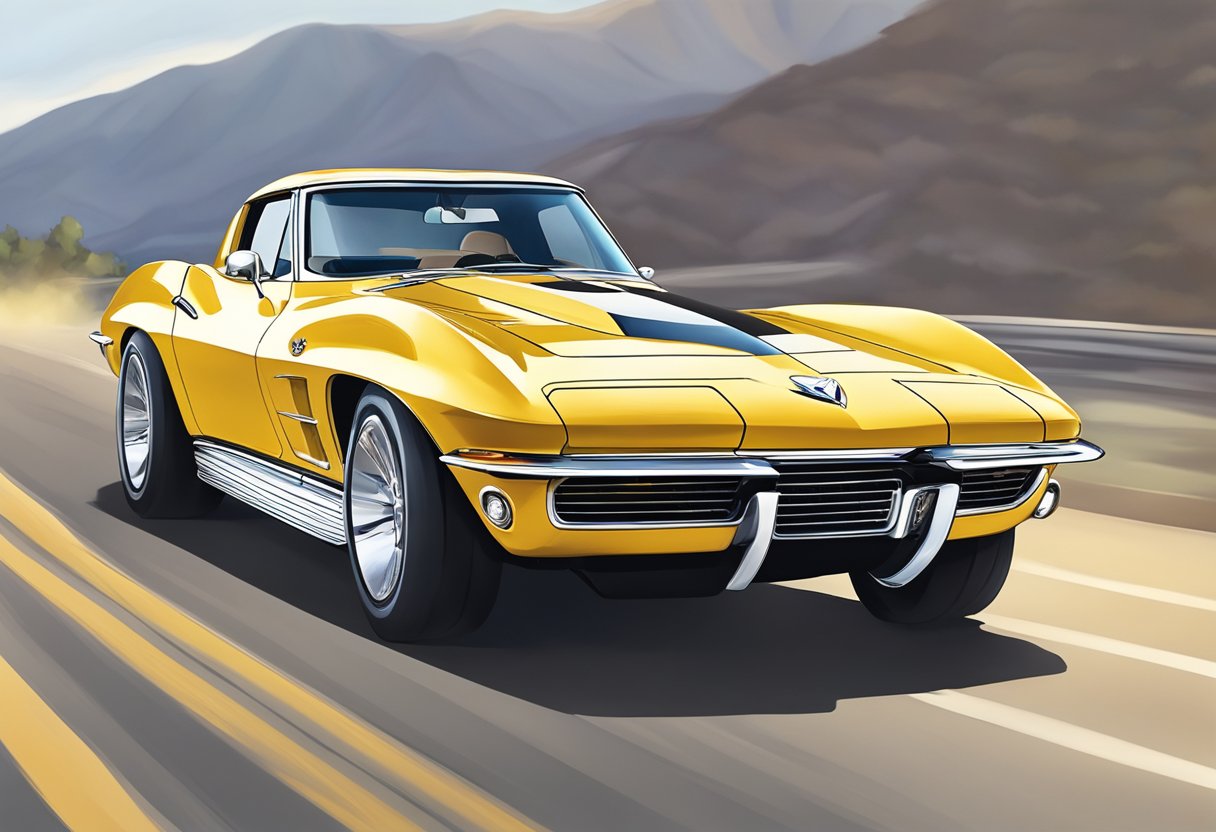 A sleek Chevrolet Corvette roars down an open road, its powerful engine and defining muscle car features on full display