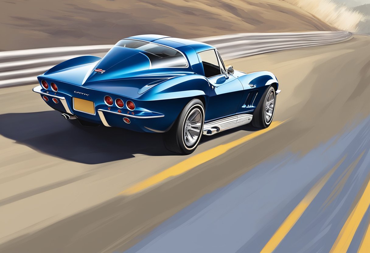 A sleek Chevrolet Corvette speeds down a winding road, leaving a trail of dust behind.

Its iconic body and powerful engine symbolize the legendary status of muscle cars in American culture