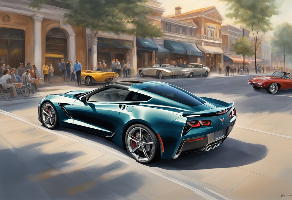 A sleek Chevrolet Corvette sits on a dynamic, winding road, surrounded by admiring onlookers.

Its powerful engine roars, exuding an air of dominance and performance