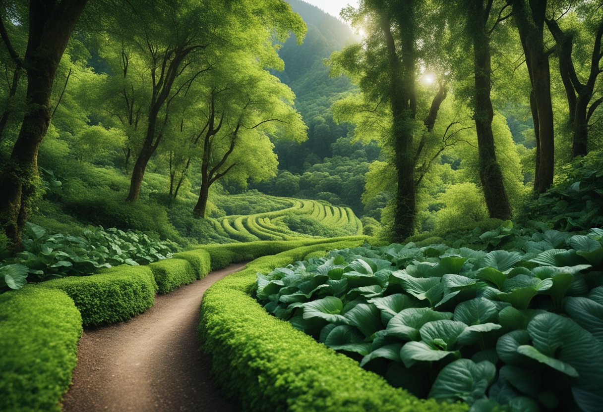 A vibrant, lush forest with a winding path leading to a mountain peak, surrounded by various fruits, vegetables, and herbs