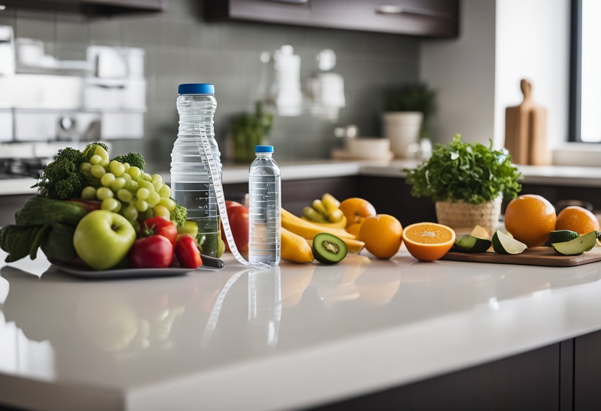 A kitchen counter with fresh fruits, vegetables, and a water bottle. A scale and measuring tape nearby. A workout outfit laid out