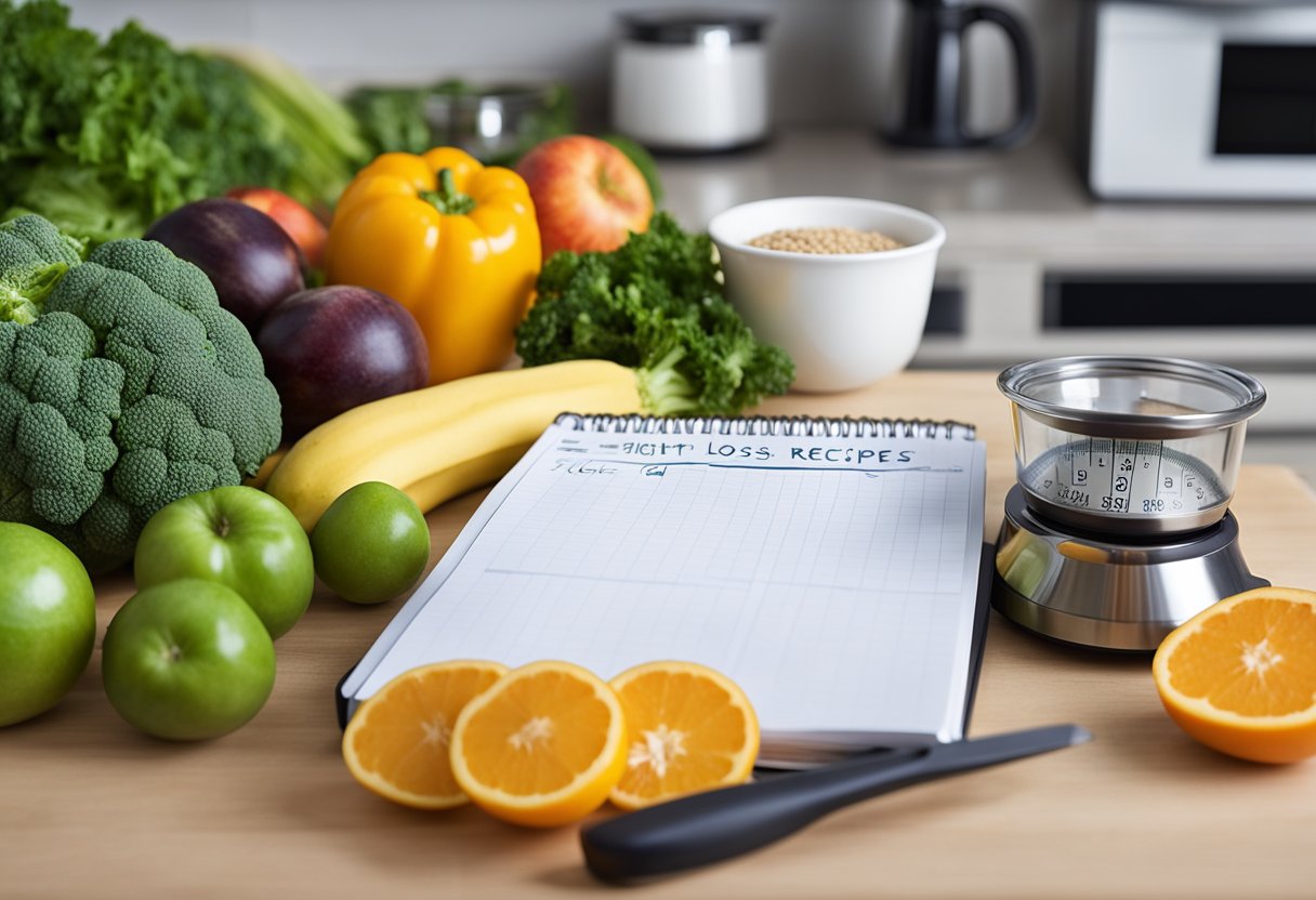 A kitchen counter with fresh fruits, vegetables, and lean proteins. A notebook with "Weight Loss Recipes" written on it. A measuring cup and a scale