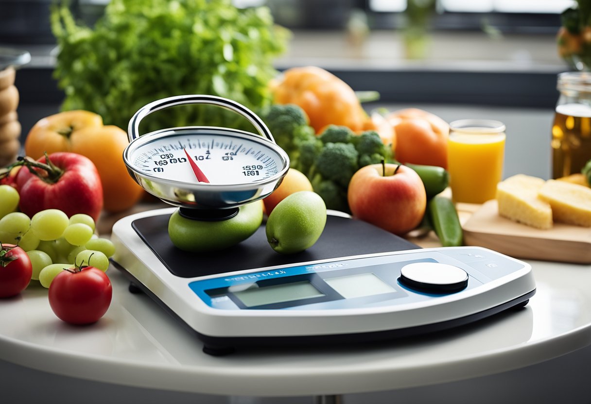 A scale surrounded by healthy food and exercise equipment