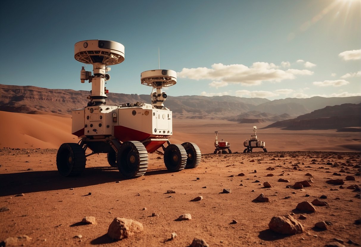 Communicating from Mars - Two rovers on Mars beam messages to Earth, overcoming the delay in interplanetary communication. The red planet's landscape stretches out behind them, with the sun casting long shadows