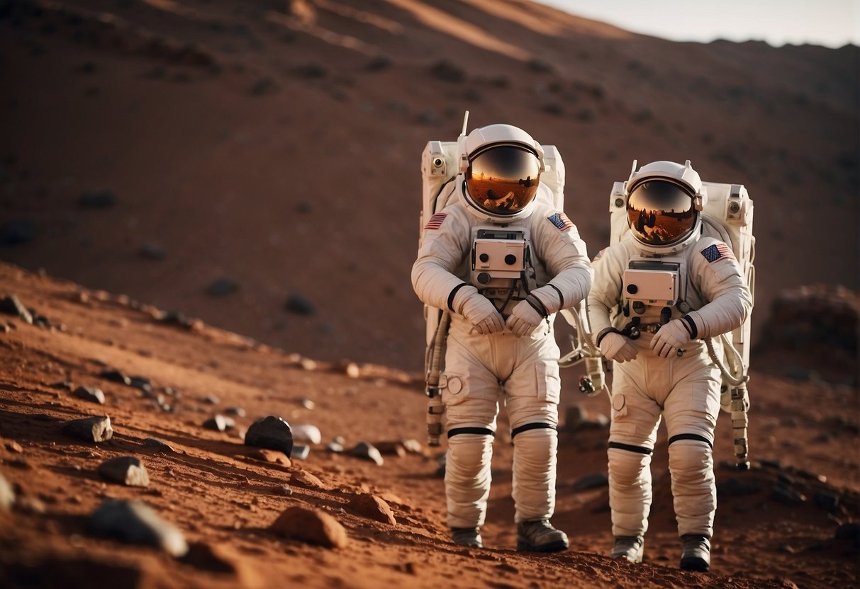 Astronauts on Mars relay messages to Earth, overcoming the delay in interplanetary communication. The red planet's surface is depicted with a communication device transmitting signals back to Earth