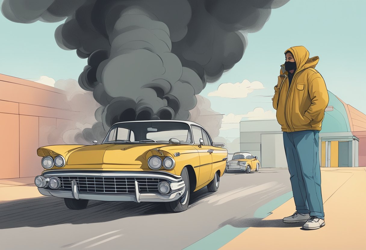 A car with a hood raised, smoke coming from the engine, and a person looking frustrated