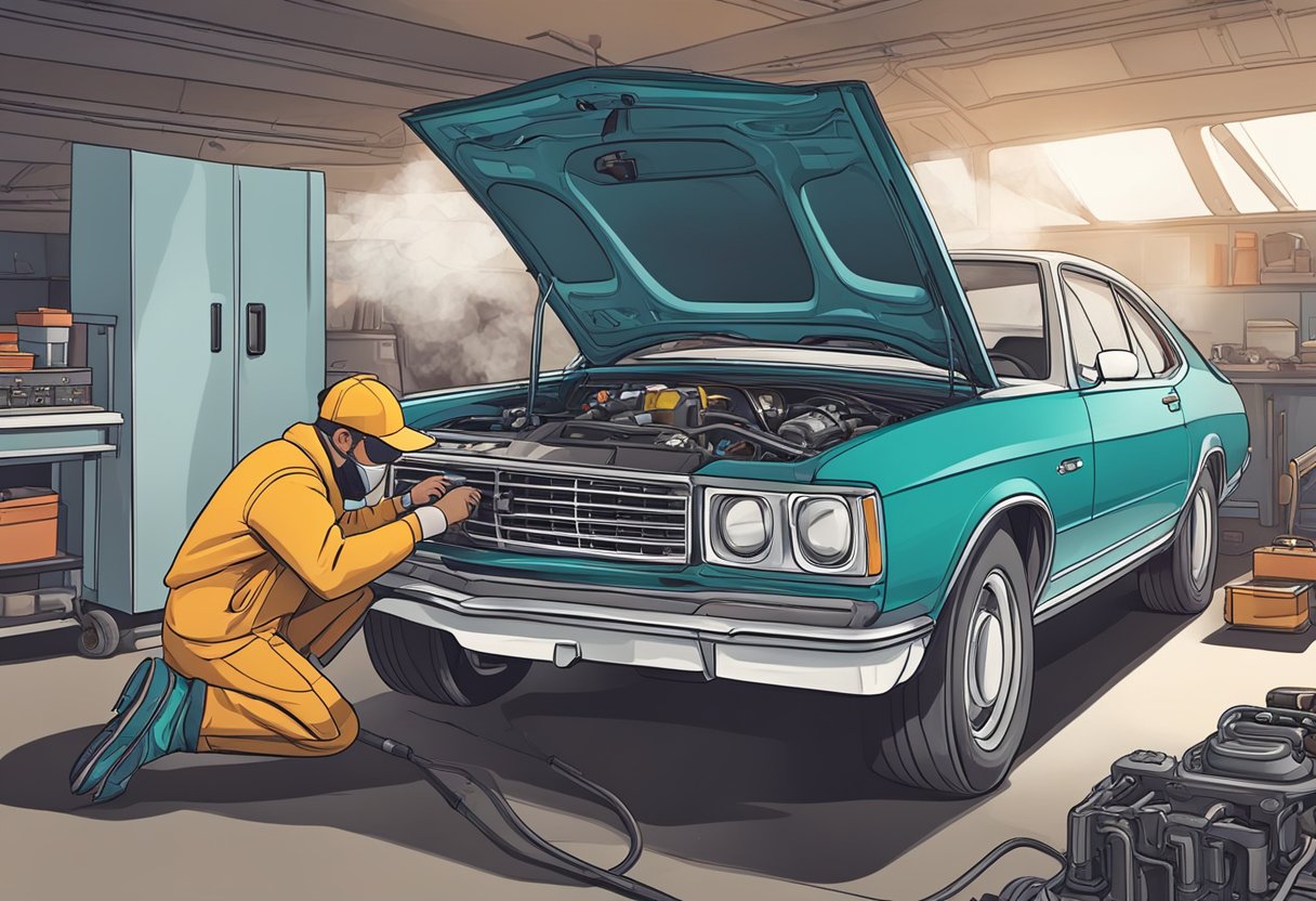 The hood of a car is open, revealing the engine.

Smoke is coming from the starter, and the car is unable to start. A mechanic is inspecting the starter with a concerned expression