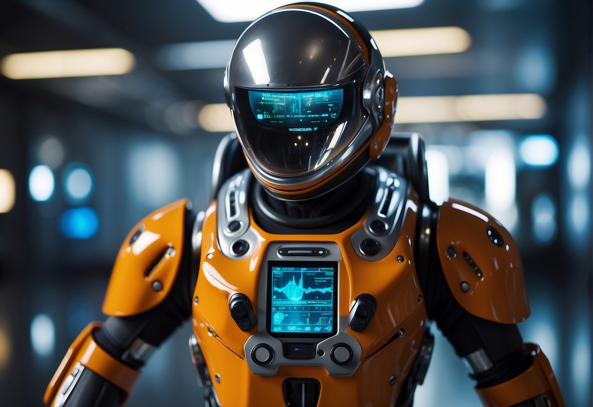 A futuristic space suit with embedded sensors and monitors, displaying real-time health data on a sleek, high-tech interface