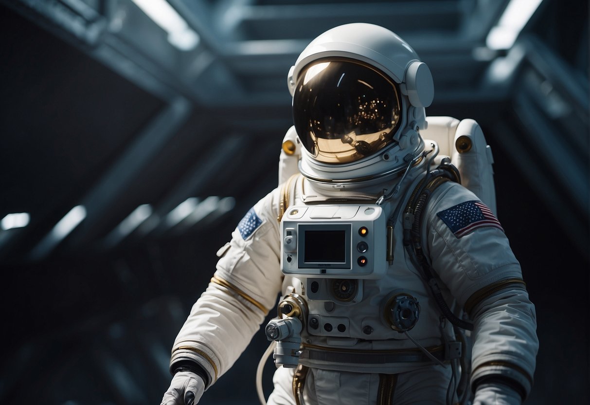 A floating astronaut in a futuristic space suit with integrated health monitoring devices, communicating with a central healthcare system in space