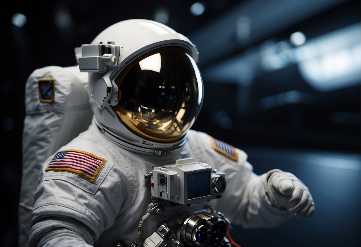 Astronaut's wearable tech tracks health in space. Devices show real-time data on a screen. Astronaut exercises or eats in the background