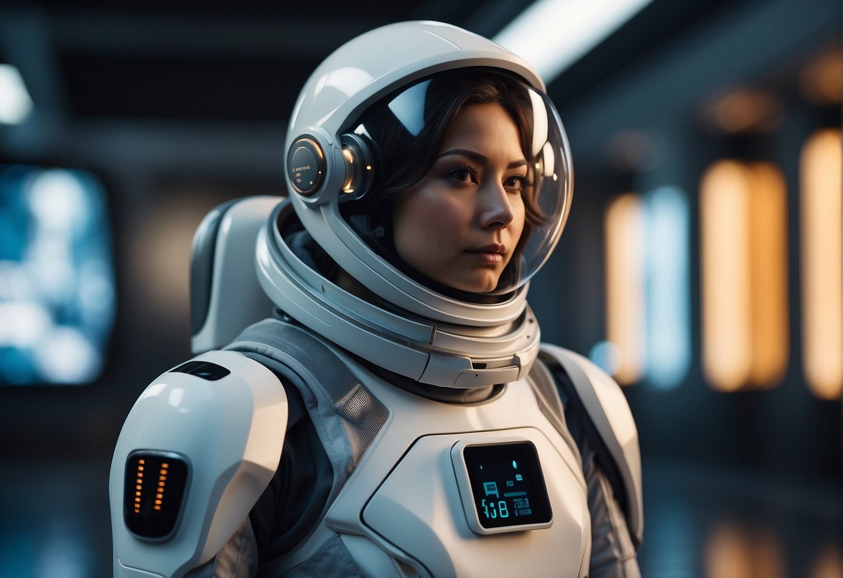 A sleek, futuristic space suit with embedded sensors and display panels, monitoring vital signs in real-time
