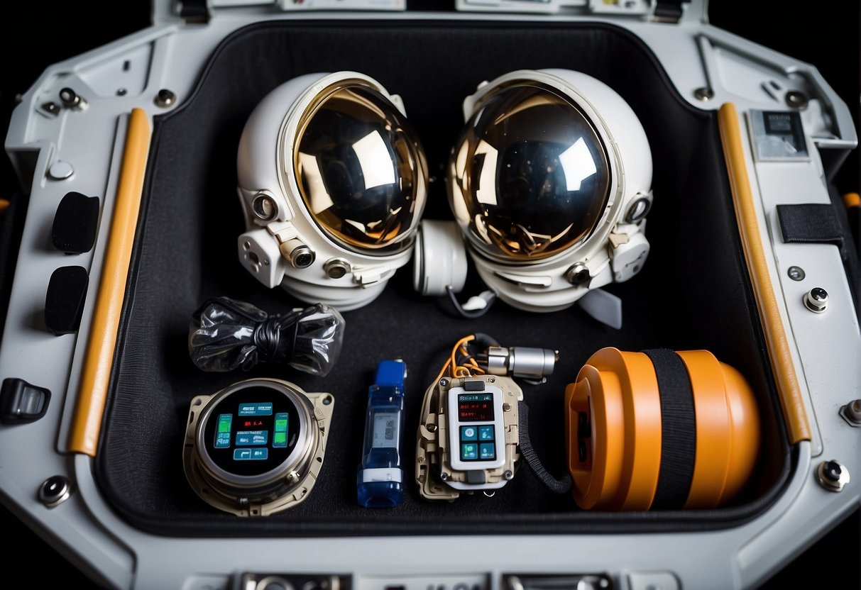 Astronaut equipment arranged for re-entry, landing, and recovery training. Tools, safety gear, and communication devices laid out in a precise and organized manner