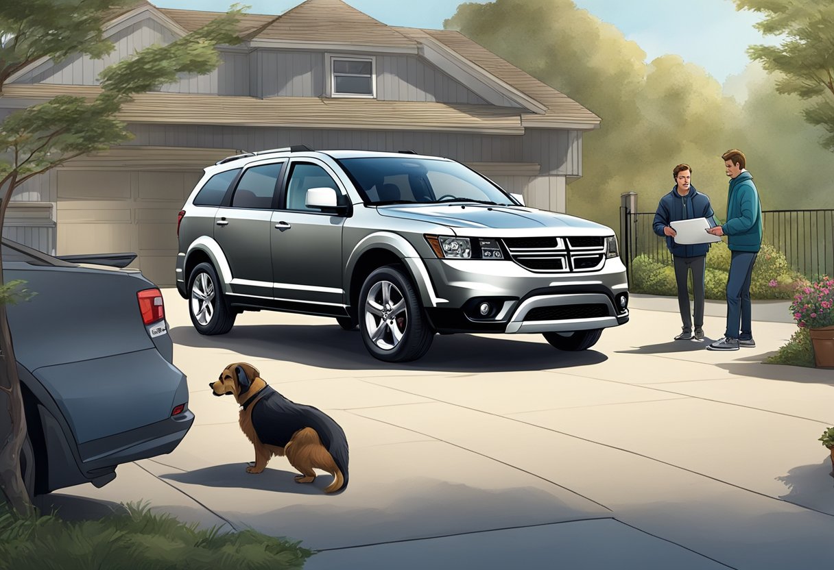 The Dodge Journey sits in a driveway with a concerned owner inspecting the engine.

Nearby, a mechanic examines the car's reliability