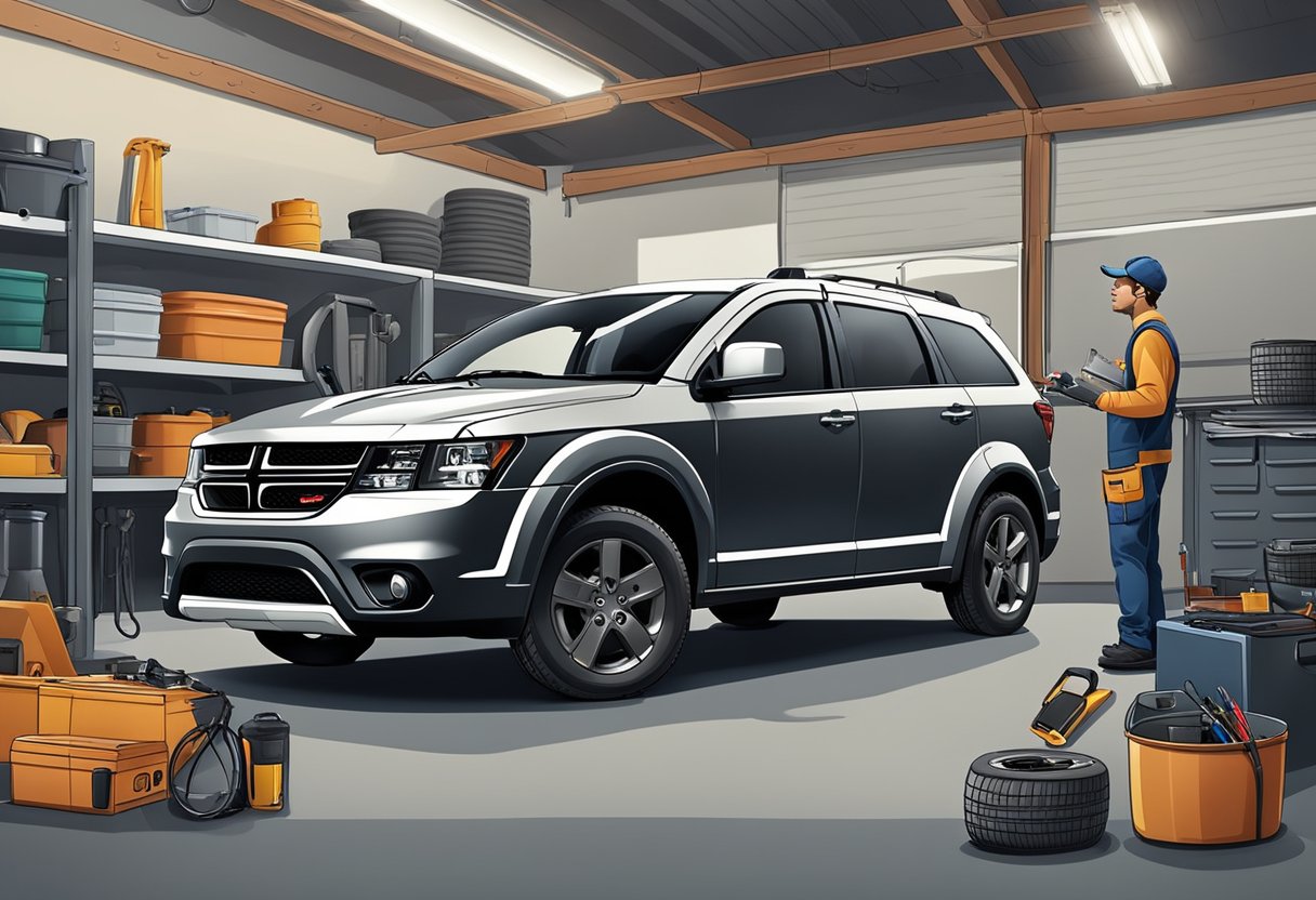 A Dodge Journey sits in a garage, surrounded by tools and mechanic equipment.

A mechanic inspects the engine while a price list for maintenance and repair costs is displayed nearby