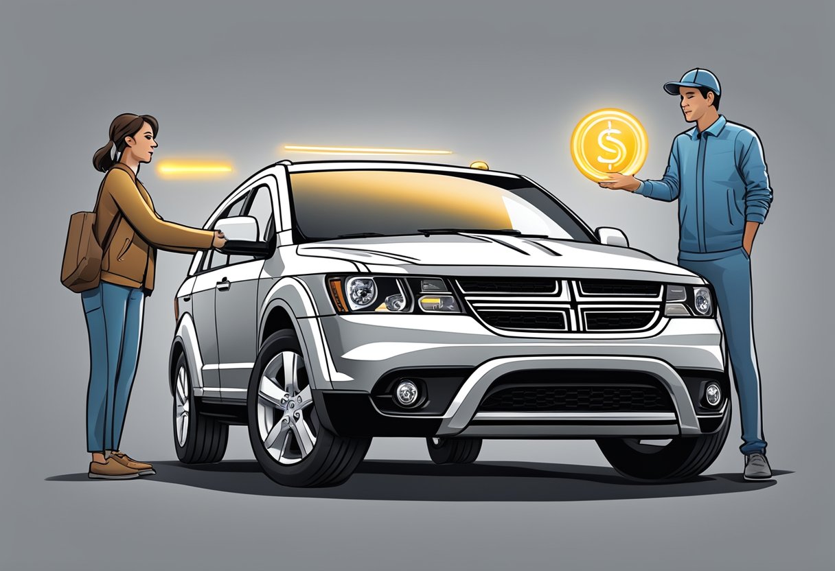 A Dodge Journey stands confidently with a glowing warranty badge, while a customer support representative assists a satisfied owner