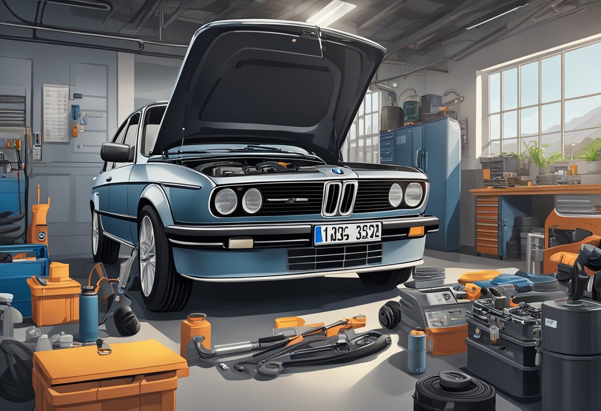The BMW 328i sits in a well-lit garage, hood open, with a mechanic inspecting the engine.

Tools and diagnostic equipment are scattered around