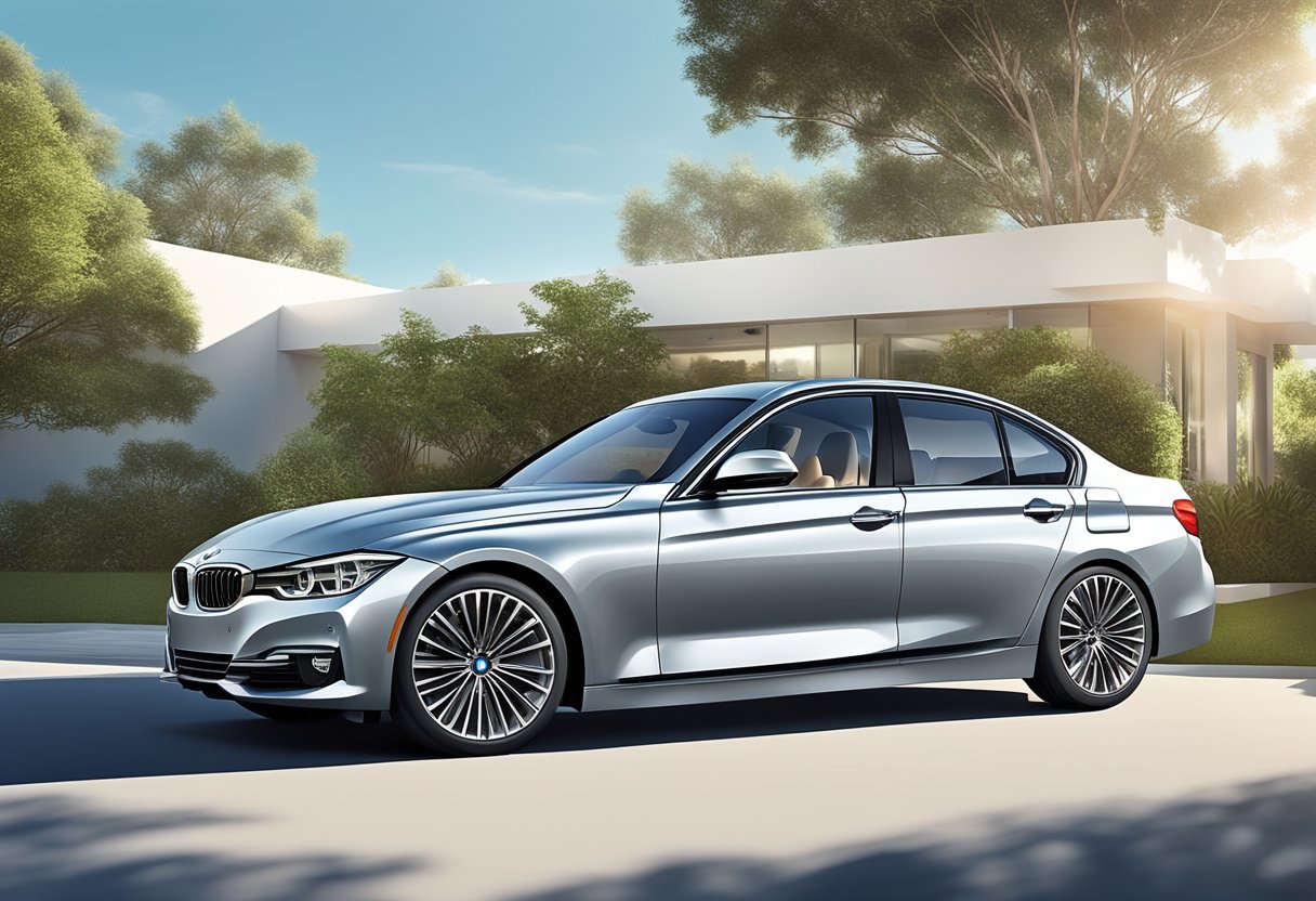 The BMW 328i parked in a suburban driveway, surrounded by lush greenery and a clear blue sky.

Its sleek, silver exterior gleams in the sunlight, showcasing its modern design and luxury appeal