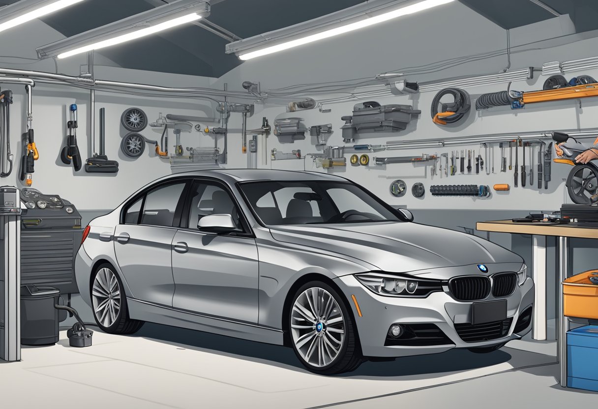 The BMW 328i sits in a mechanic's garage, with a technician inspecting the engine and diagnostic tools nearby.

A list of common issues and solutions is displayed on a computer screen