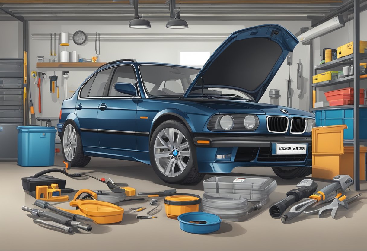 A BMW 328i parked in a well-lit garage, surrounded by tools and diagnostic equipment.

A stack of owner feedback and reviews sits on a workbench