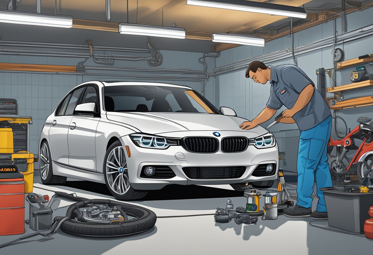 The BMW 328i sits in a pristine garage, surrounded by tools and maintenance equipment.

A mechanic inspects the engine, while a chart on the wall displays reliability data
