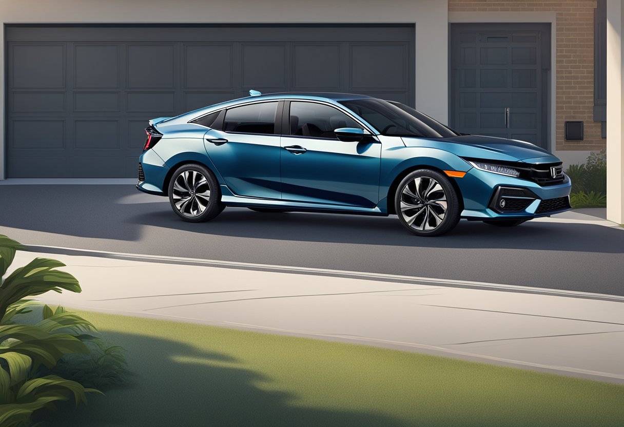 The 2022 Honda Civic is shown parked on a sloped driveway, with a ruler measuring the ground clearance underneath the car.

The angle of the driveway emphasizes the need for adequate ground clearance