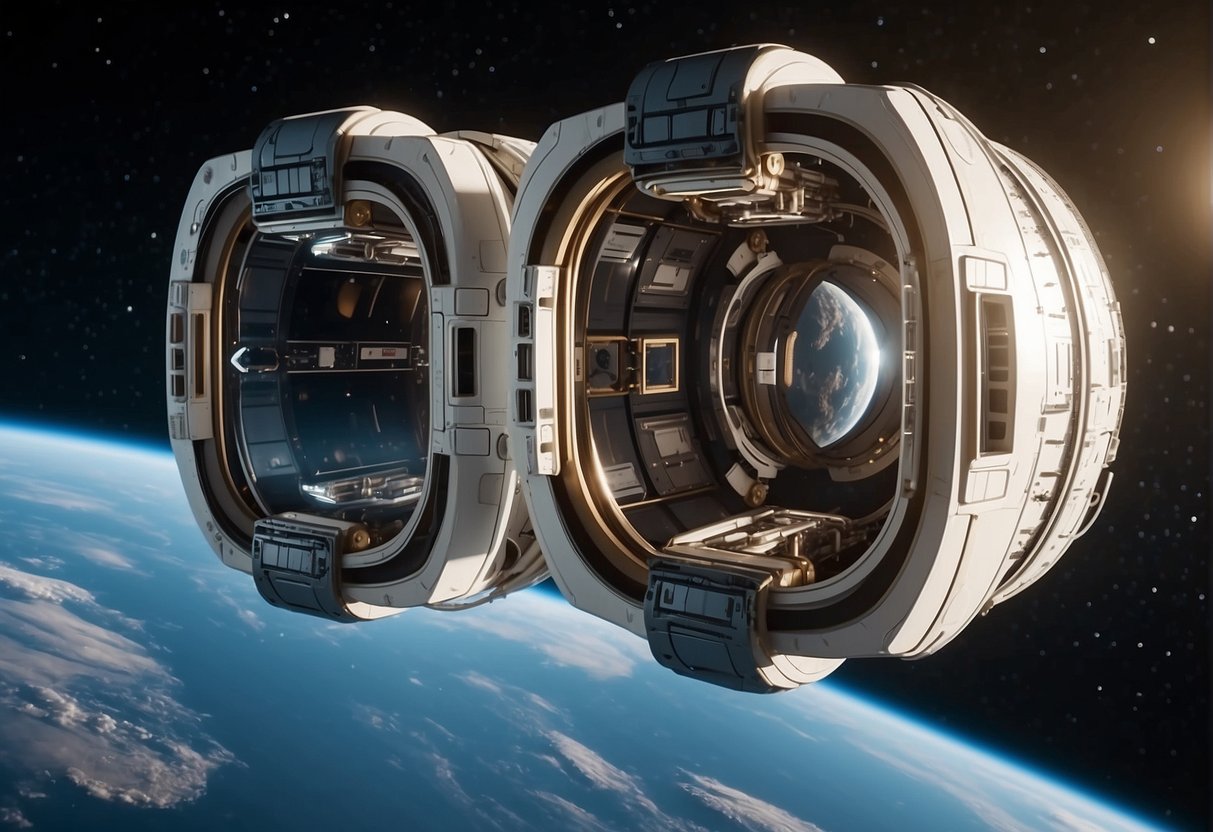 Two spacecraft airlocks connect in the vacuum of space, their doors open to reveal the interior habitat beyond