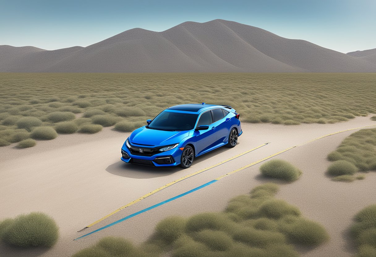 A 2022 Honda Civic parked on a gravel road, with a ruler measuring the distance between the lowest point of the car and the ground
